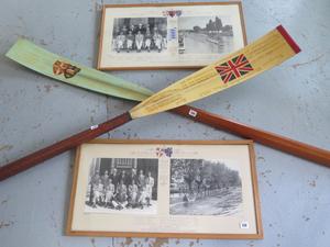 A Cambridge and Oxford boat race painted winning oar 1950 won by 3 1/2 lengths in 20 mins 15 seconds - cox A.C.R. Armstrong-Jones 1st Earl of Snowdon names to Princess Margaret 1960 to 1978 - oar has
